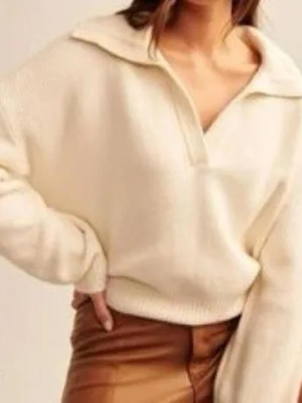 Abercrombie & Fitch Beige Rib-Knit Notch-Neck Polo Collar Sweater - Picture 3 of 11